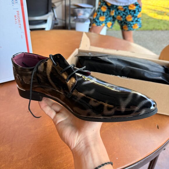 Santimon Men's US 9.5 - 12 Black Patent Leather Lace Up Derby Pointed Toe Shoes - Picture 5 of 10